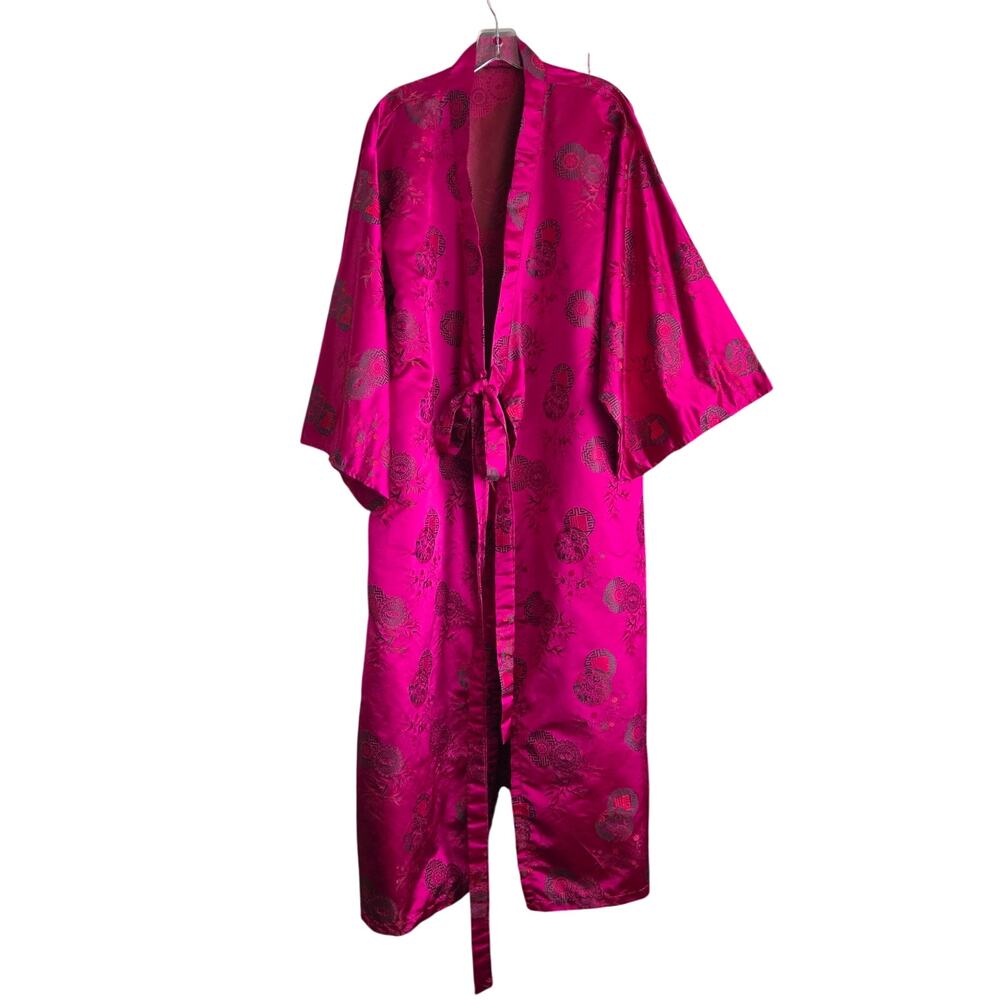 Vibrant Asian Oriental Brocade Satin Floral Kimono Kaftan Robe Lounge Costume